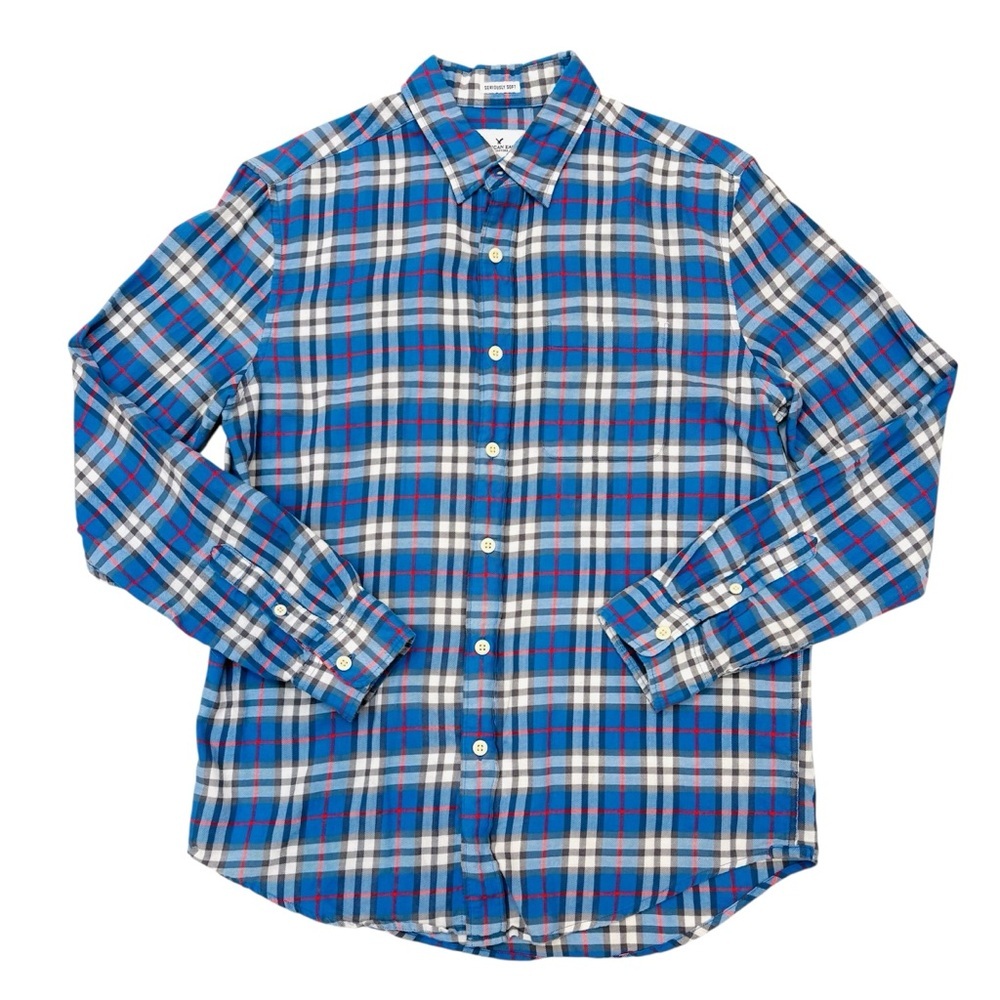 American Eagle Men's Seriously Soft Plaid Flannel Button Down Shirt Medium Blue